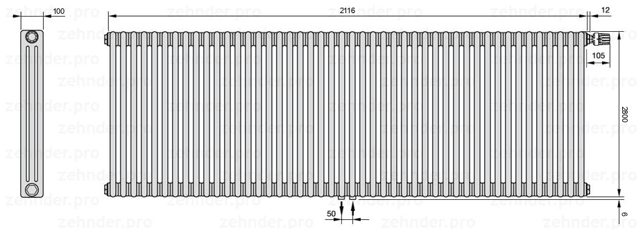 Схема (чертеж) Радиатор Zehnder Charleston 3280/46 №V008 Белый глянцевый RAL 9016